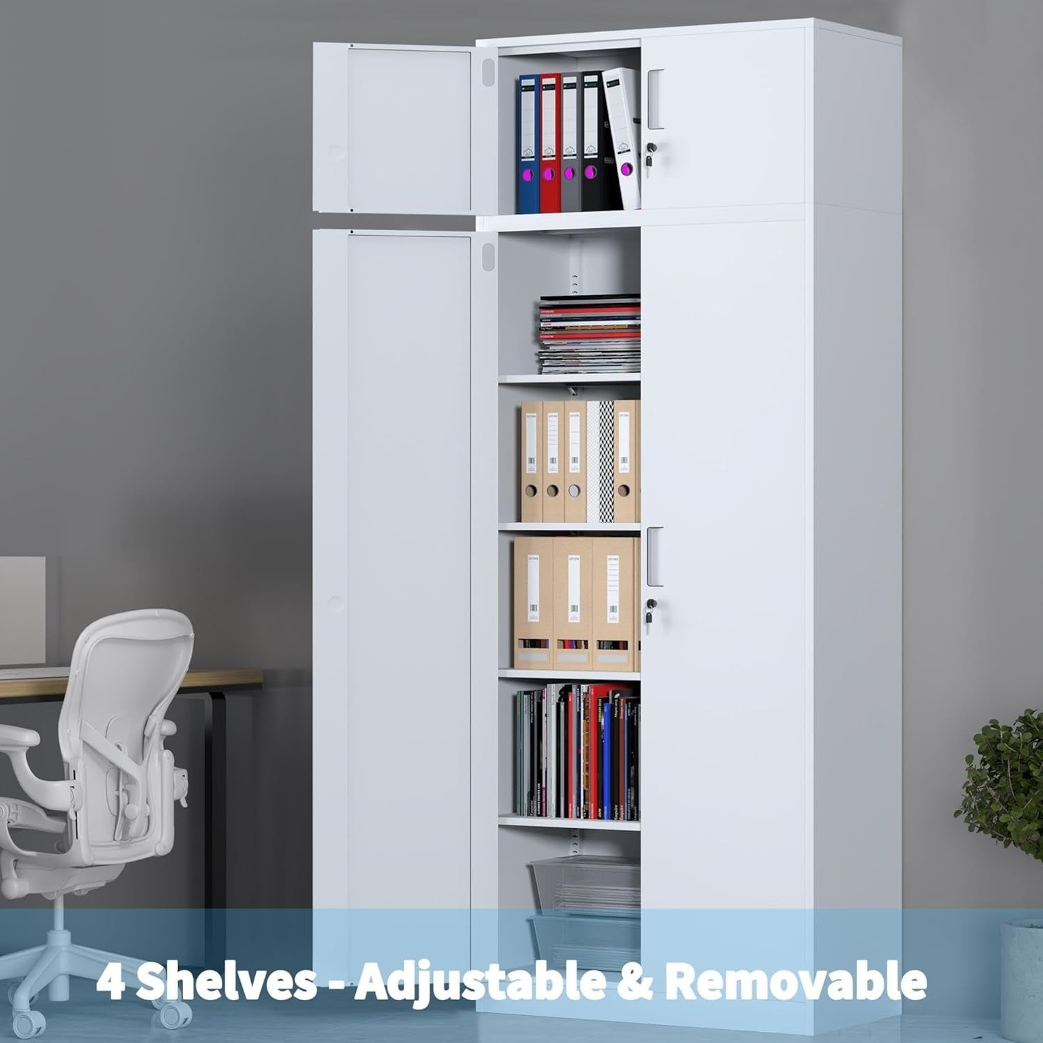 Tall Lockable Metal Storage Cabinet 220cm with 4 Shelves for Garage Office