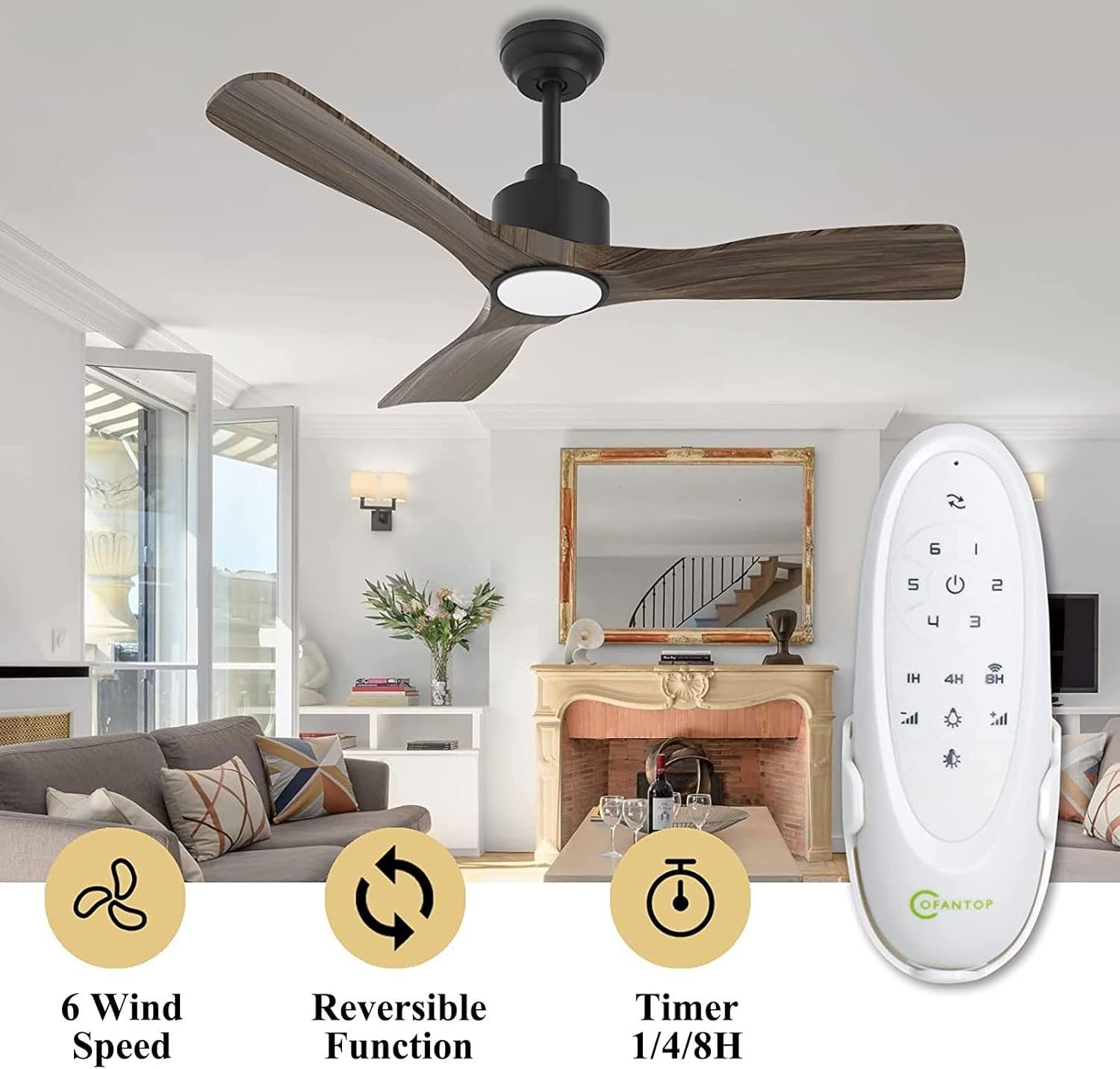 OFANTOP 132CM Smart Ceiling Fan with Light, 3-Blade, 6-Speed, Dark Brown