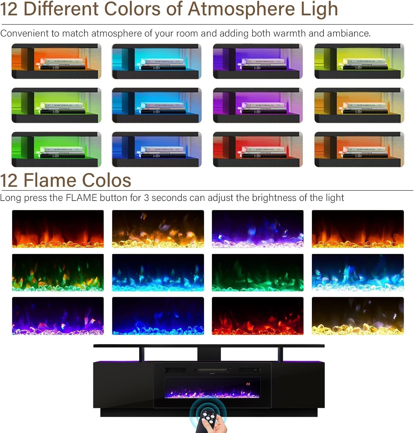 Electric Fireplace TV Stand Media Console 12 Flame Colors 900W/1800W Heater