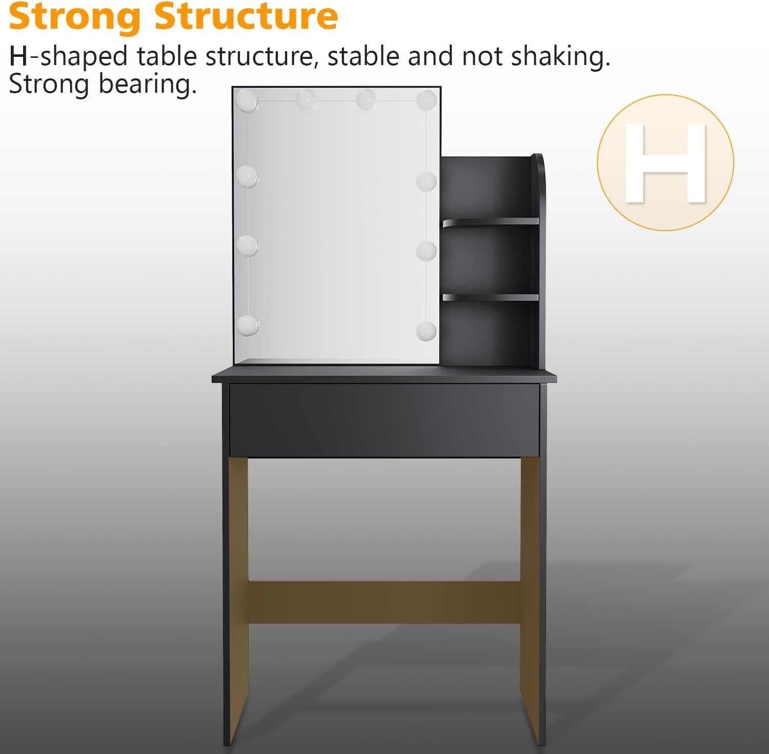 Hollywood Vanity Dressing Table Mirror Set Black Dresser Desk 1 Drawer 70x40x140