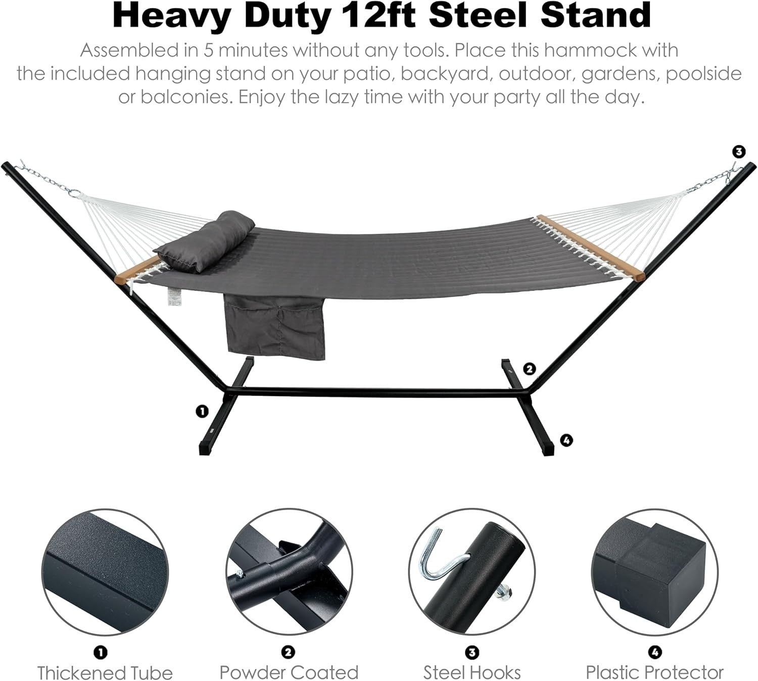 2 Person Outdoor Hammock with Stand, 12ft Heavy-Duty Frame, 475lbs Max