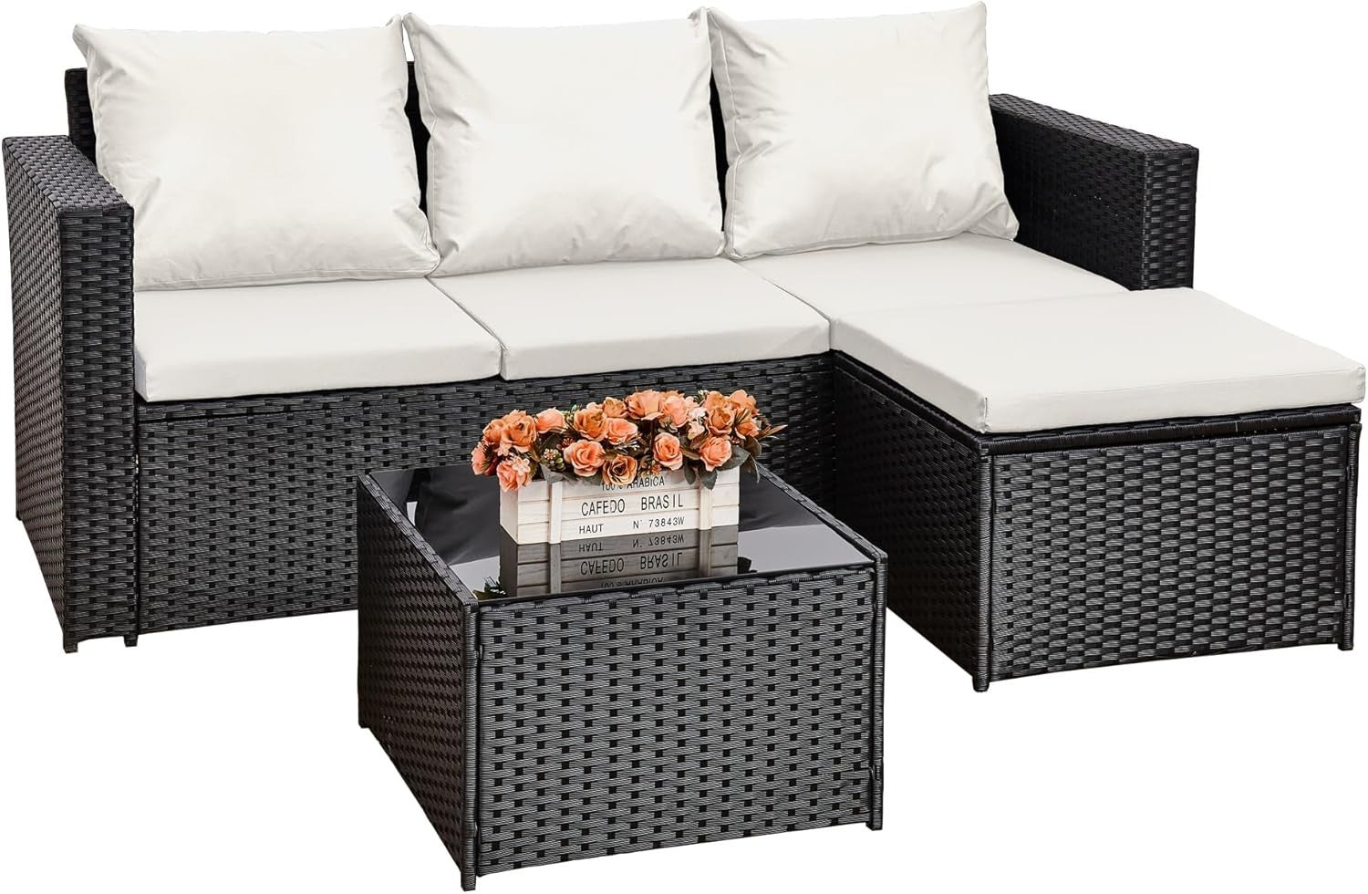 3PC Rattan Garden Sofa Set Black Wicker w/ White Cushions & Coffee Table