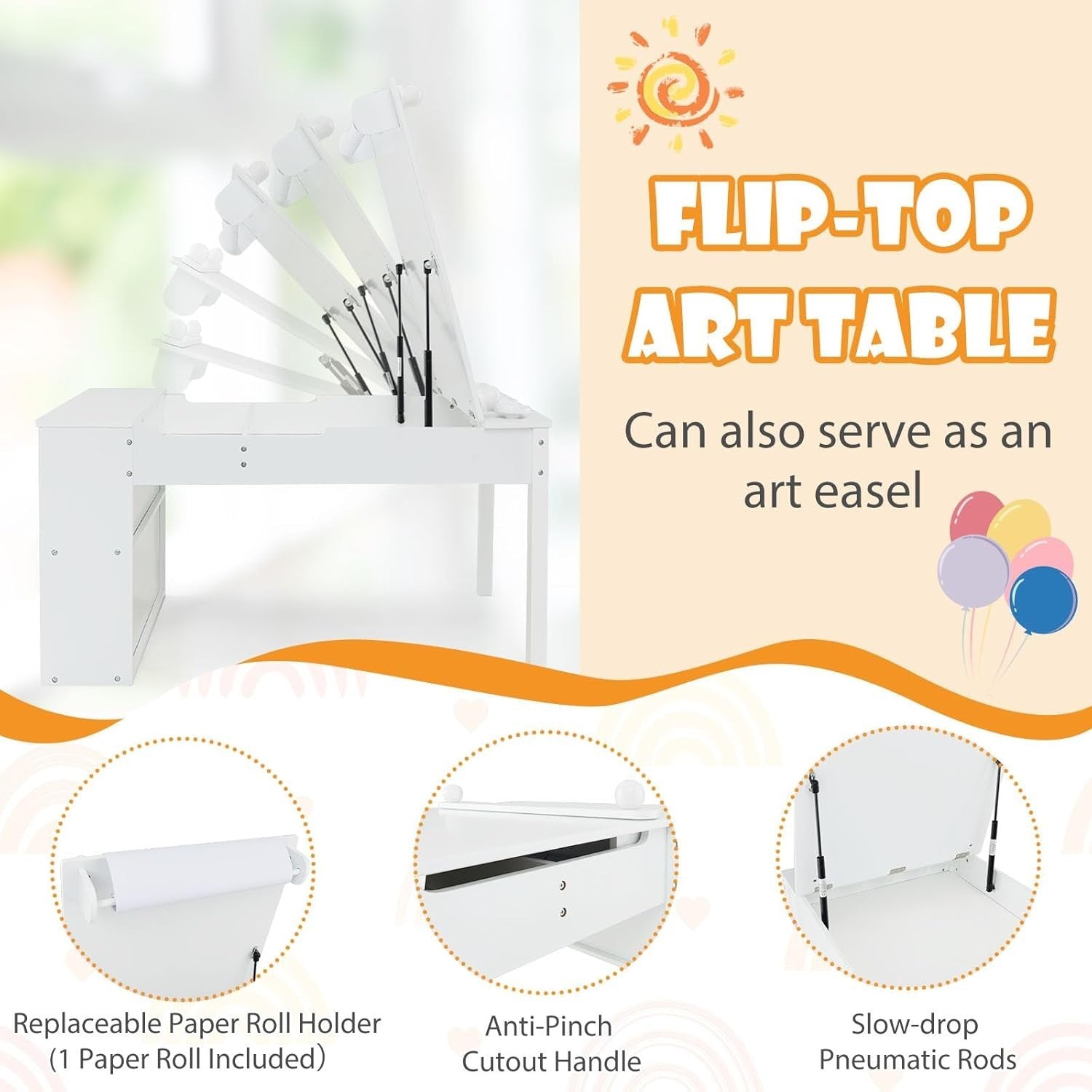 Kids Activity Table & 2 Chairs Set w/ Storage, Paper Roll, 5 Paint Cups