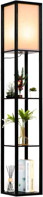 Floor Lamp with Shelves Wooden Standing LED Light Storage Display Black