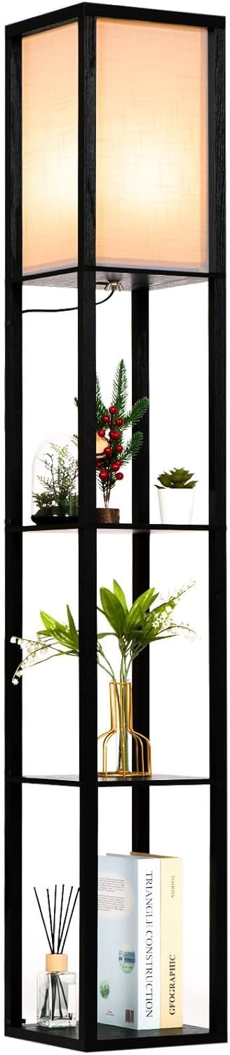 Floor Lamp with Shelves Wooden Standing LED Light Storage Display Black
