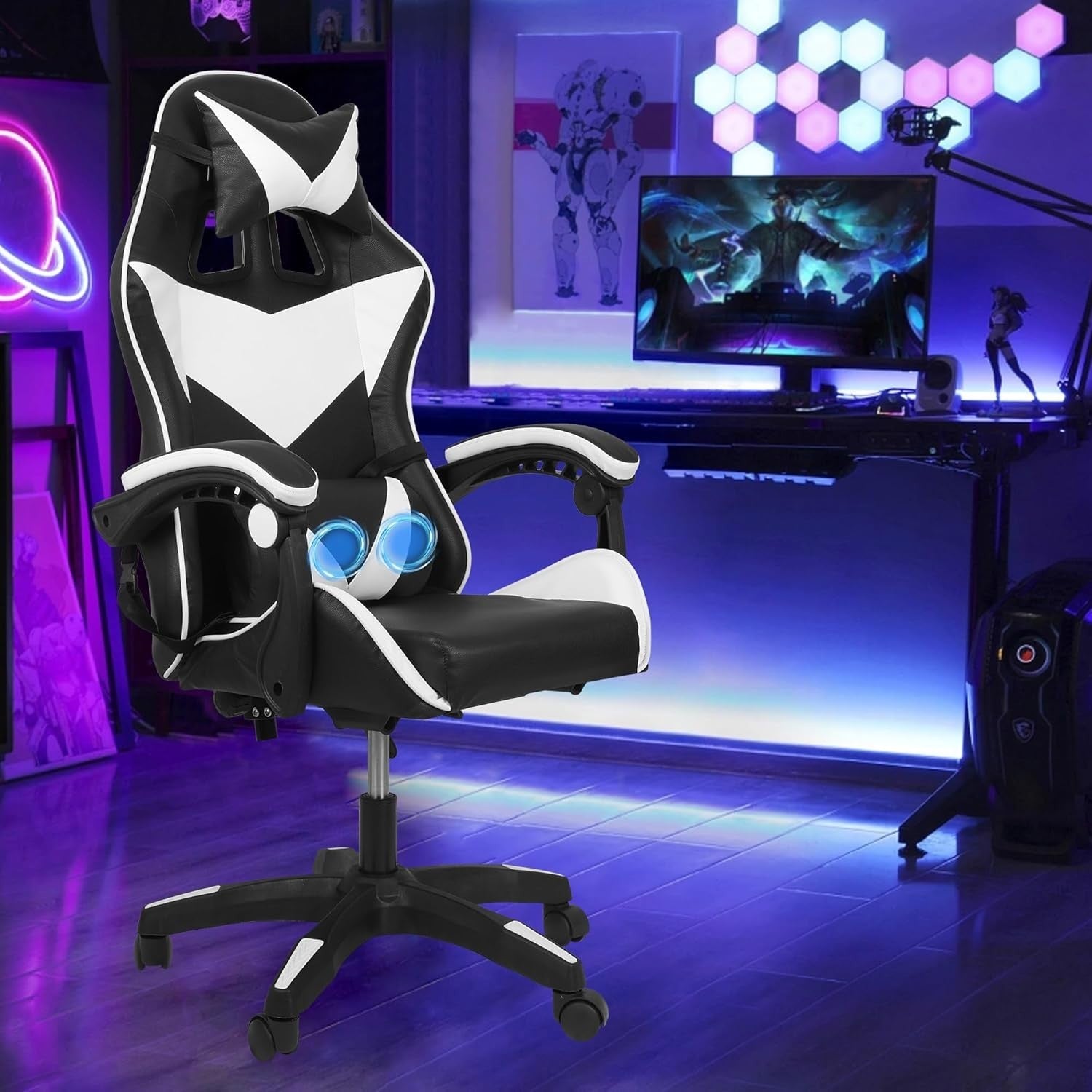 Ergonomic Gaming Chair w/Massage, High Back, Reclining, Faux Leather, Black/Whit