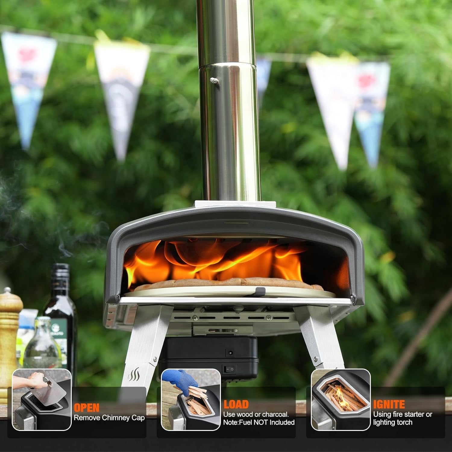 Outdoor Wood Charcoal Pizza Oven 500°C Auto Rotating Stone | Portable BBQ Grill