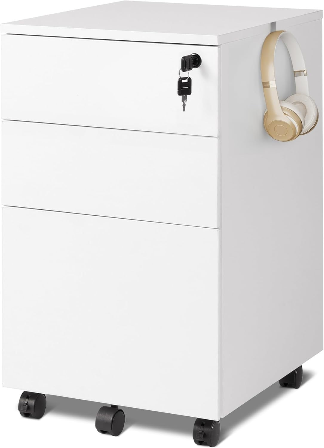 White 3 Drawer Lockable Filing Cabinet on Wheels – A4 Home Office Storage Unit
