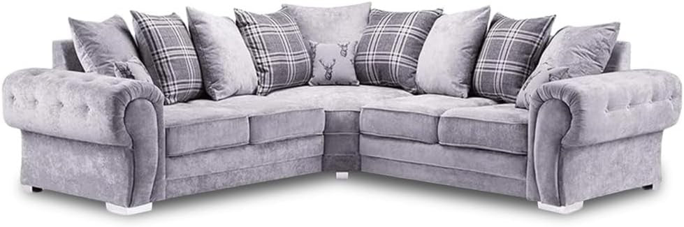 Grey Verona Chesterfield Corner Sofa w/ Footstool – 5 Seater Scatter Back