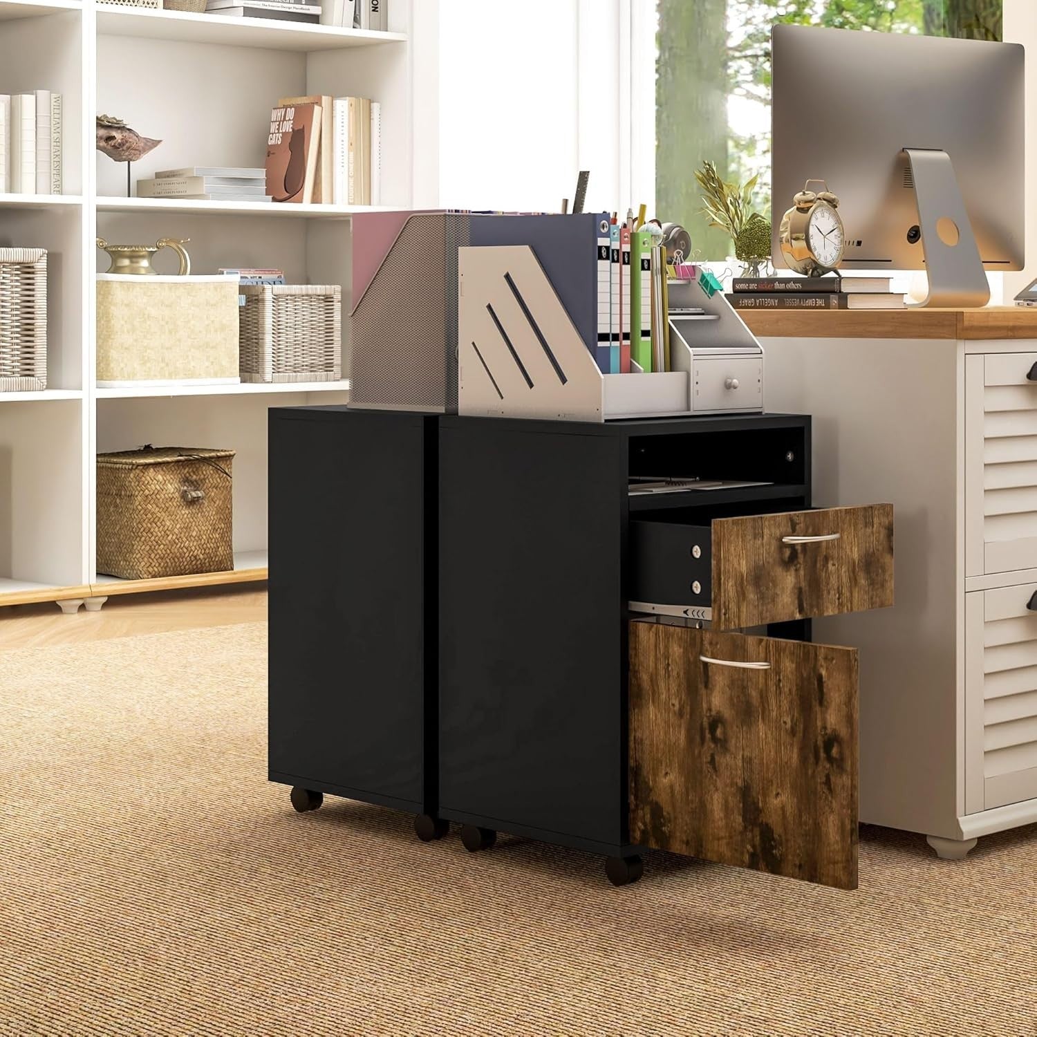 Rustic Brown Mobile Filing Cabinet with Wheels Drawer Storage for Home Office