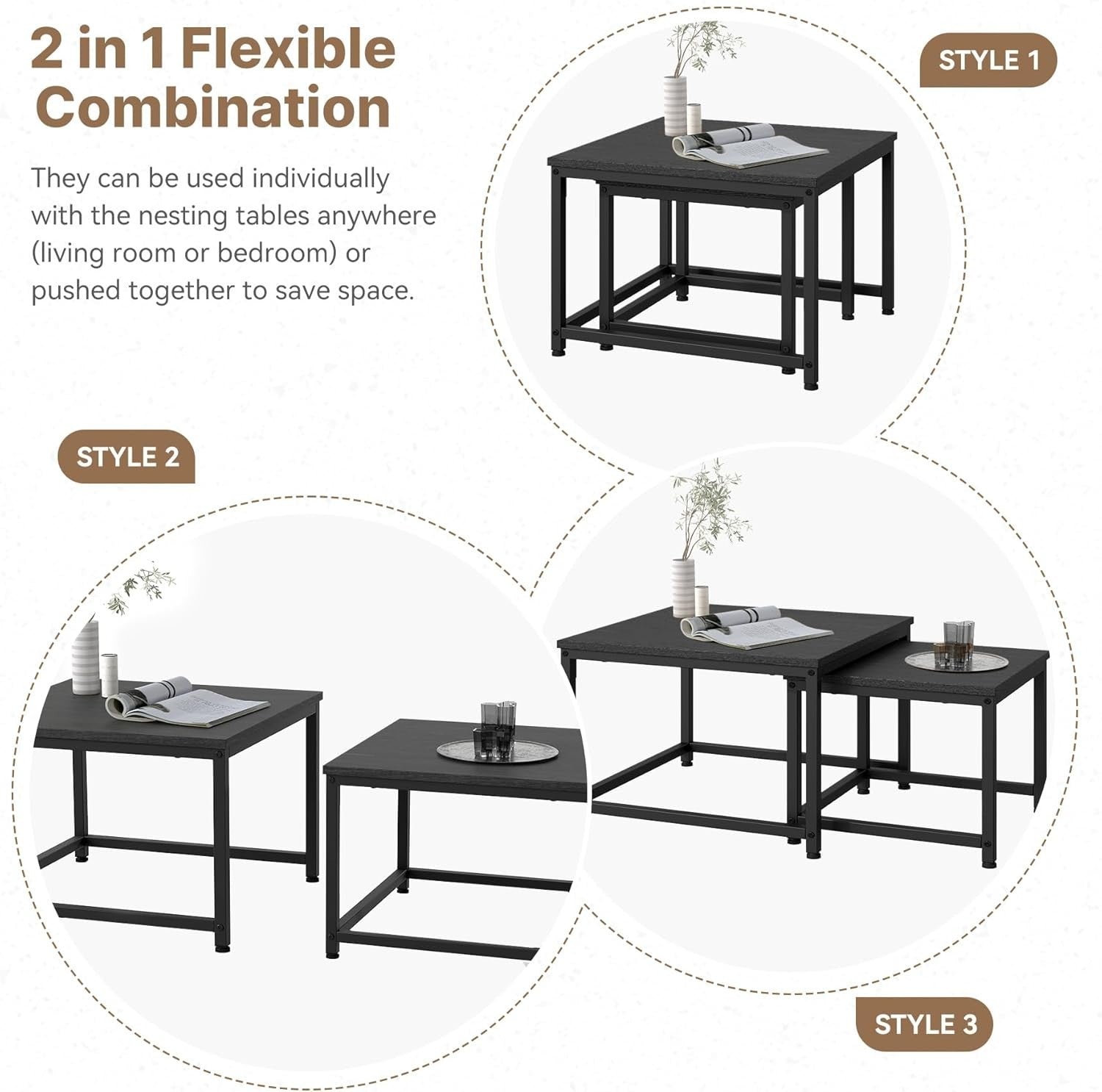Square Nesting Coffee Tables Set of 2, Wood Grain Tops & Metal Frame, Space
