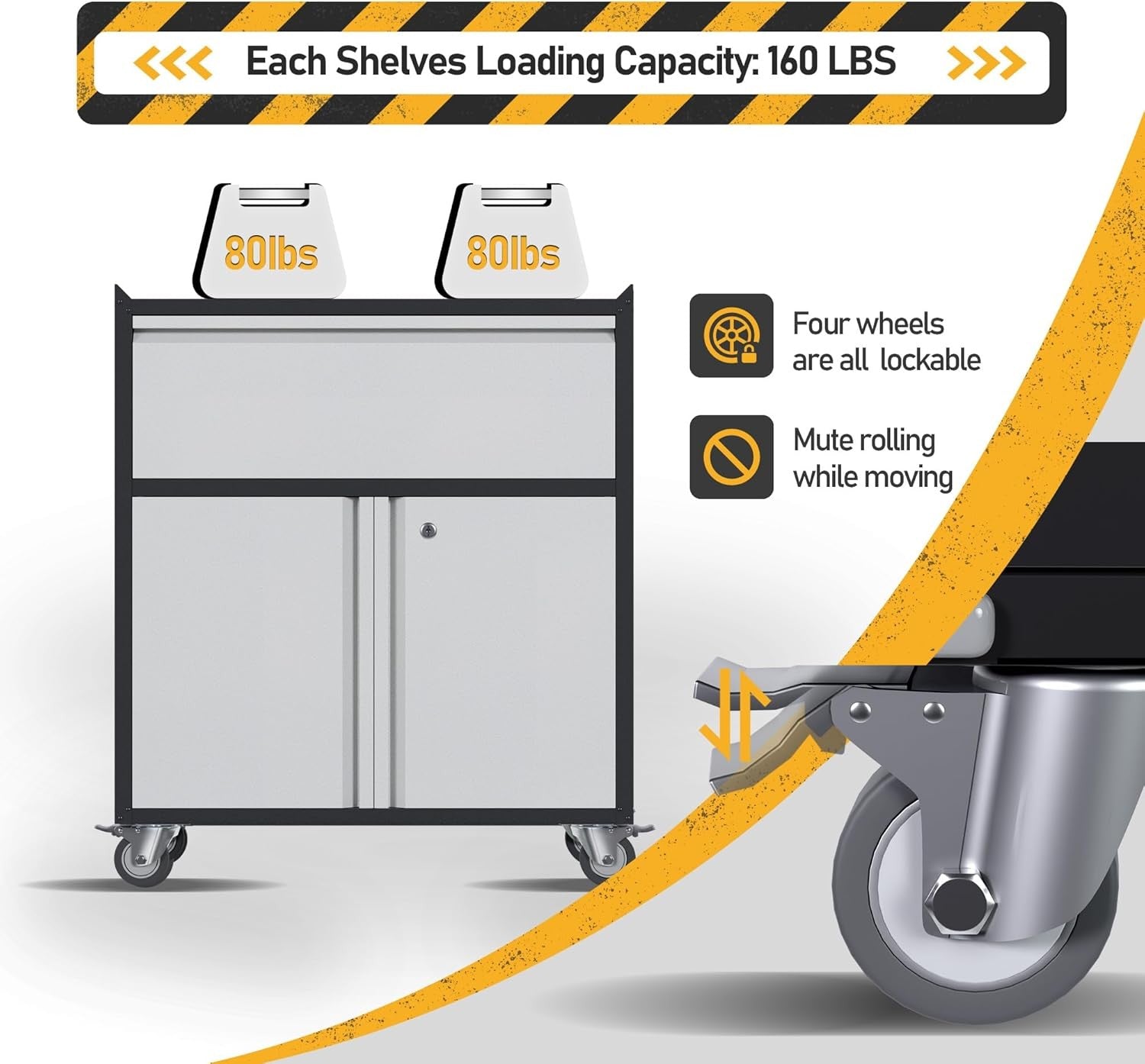 Metal Storage Cabinet with Wheels 2 Doors 1 Drawer Lockable Garage Organizer