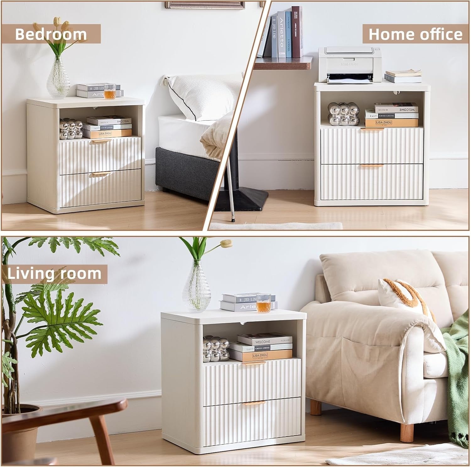 White Fluted Bedside Table with 2 Drawers Modern Nightstand Storage Cabinet