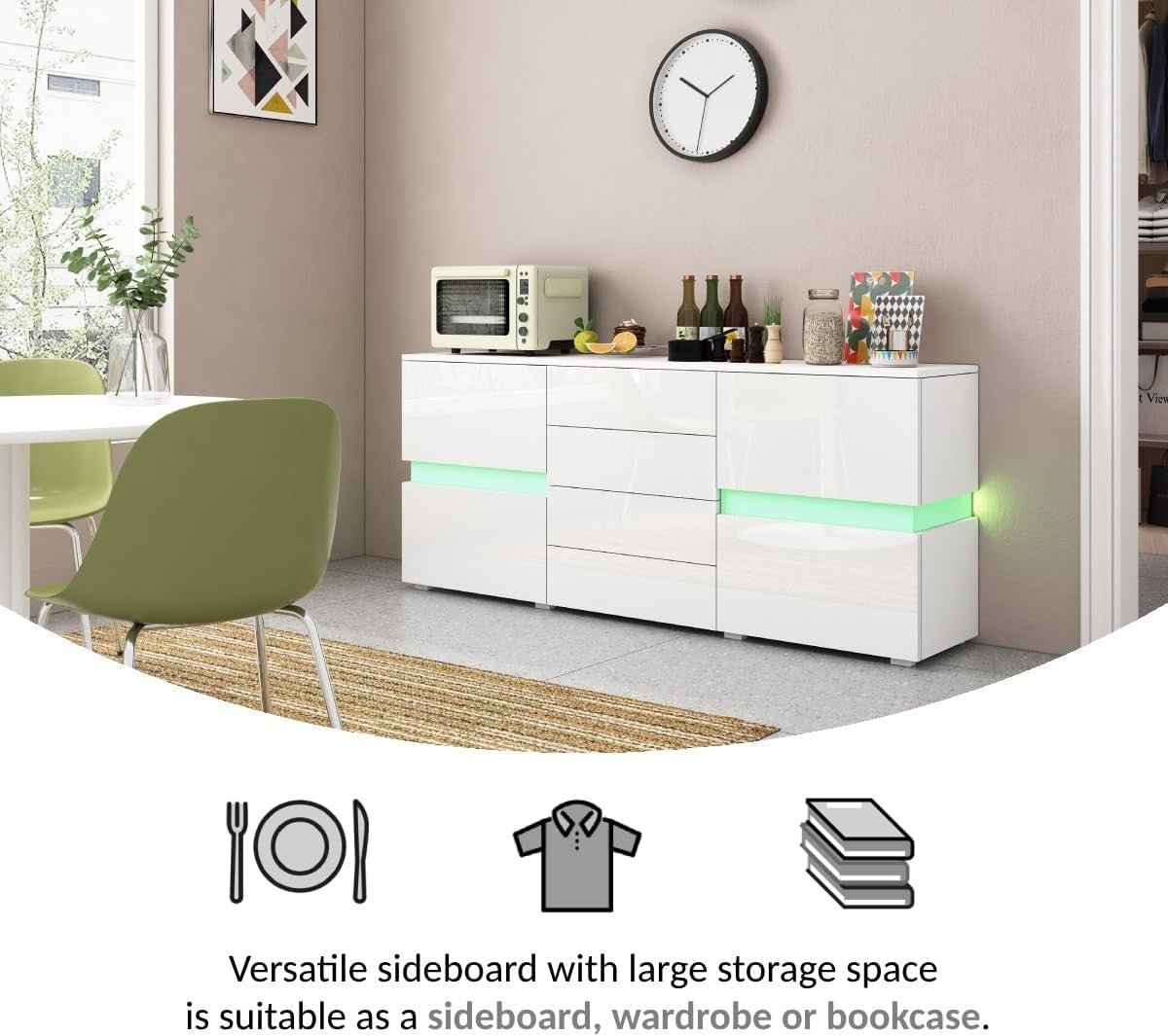 White LED Sideboard Cabinet High Gloss 2 Door 4 Drawer Storage Unit