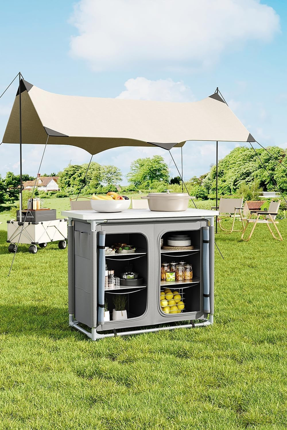 Portable Outdoor Camping Kitchen with 6 Shelves & Storage Bag, Foldable Table