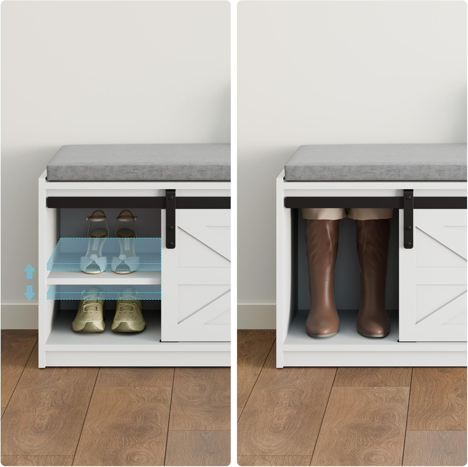 Farmhouse Shoe Storage Bench with Barn Doors & Cushion – 90x45x35cm White