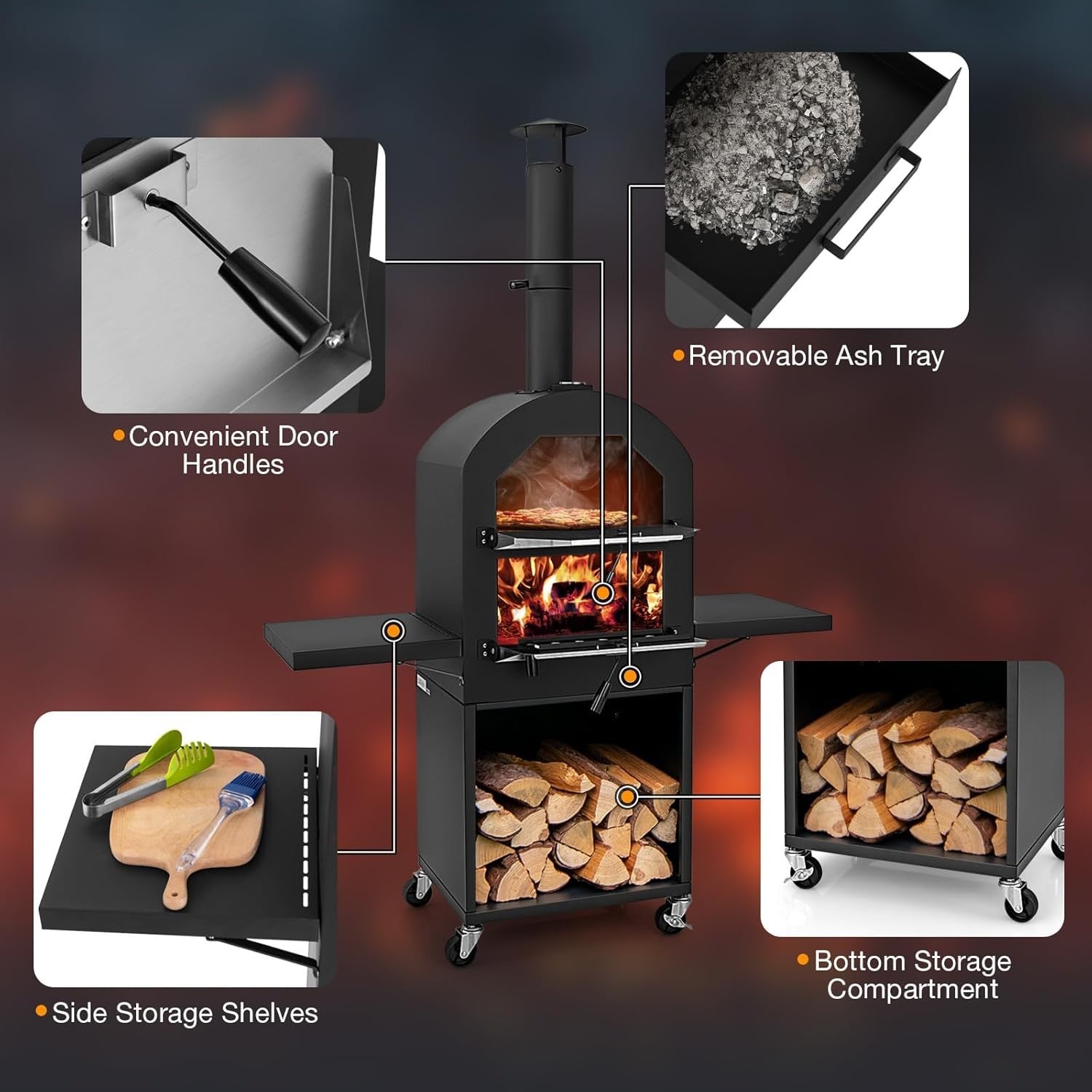 Outdoor Wood Fired Pizza Oven | BBQ Grill w/ Chimney, Shelves, Stone & Cover