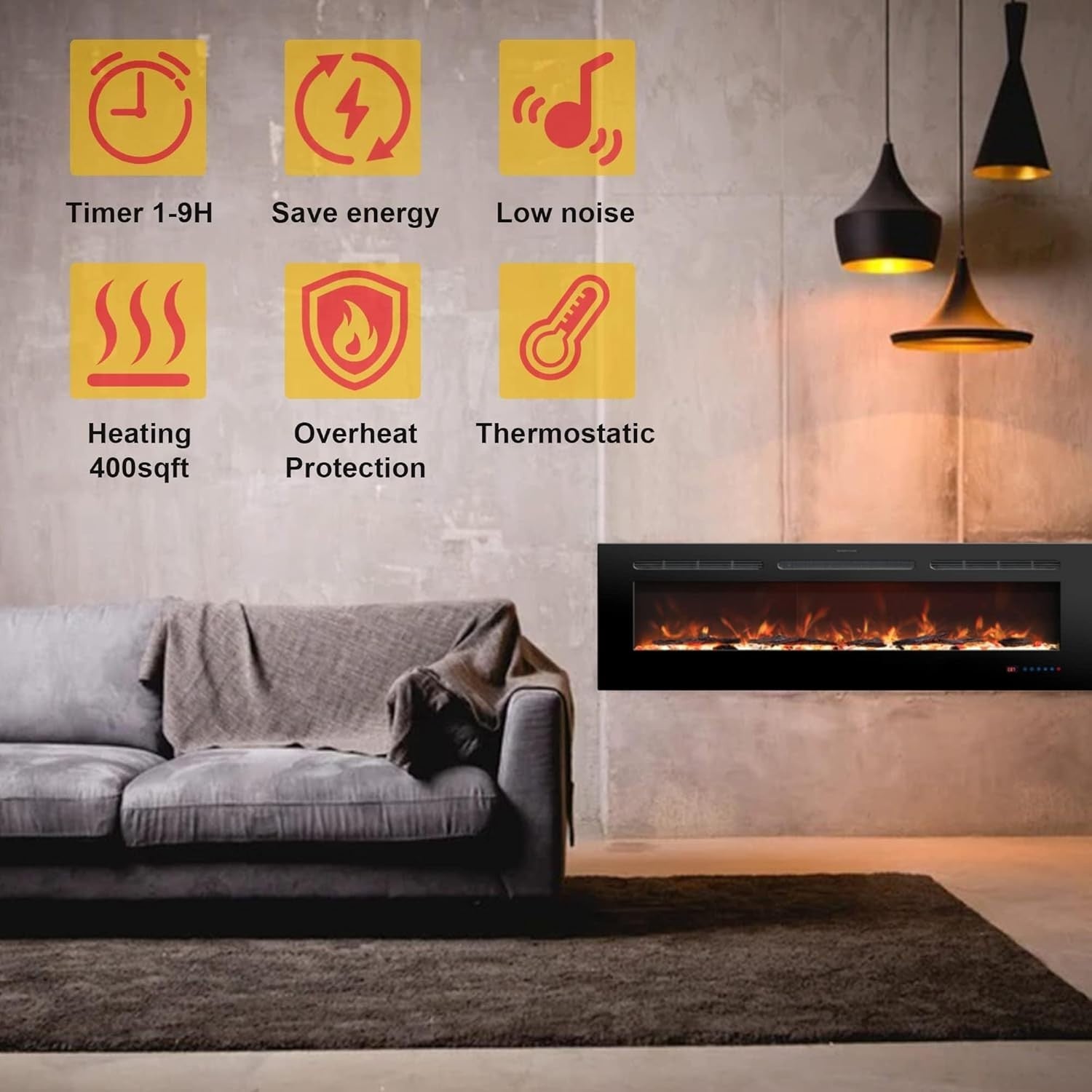60" Wall Mounted Electric Fireplace Heater LED Log Flame Remote Timer
