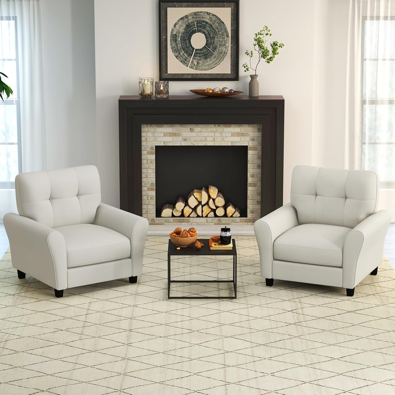 Beige Accent Armchair Tufted Fabric Lounge Chair Thick Cushion