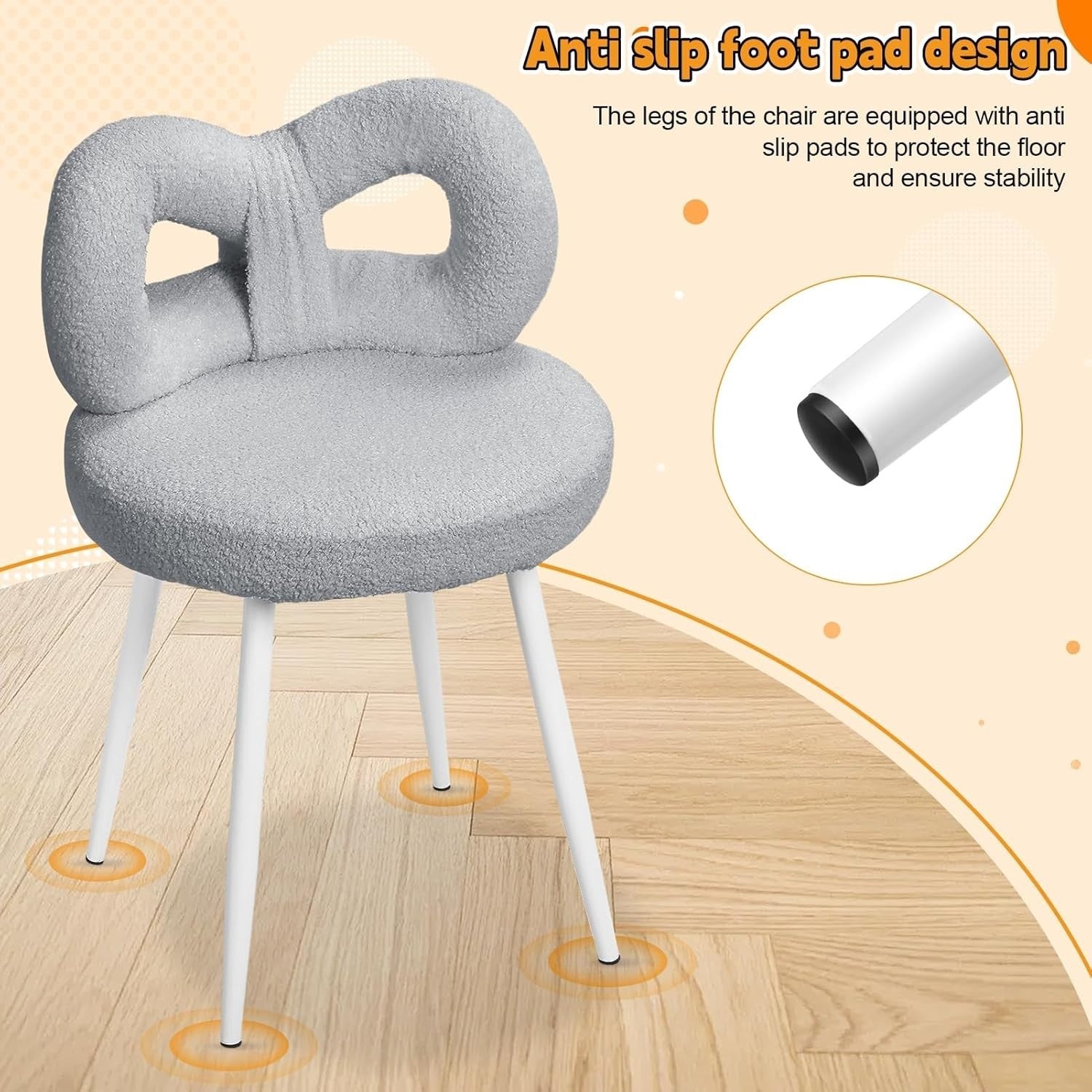 Grey Bowknot Vanity Stool Faux Wool Makeup Chair Adjustable Feet Modern