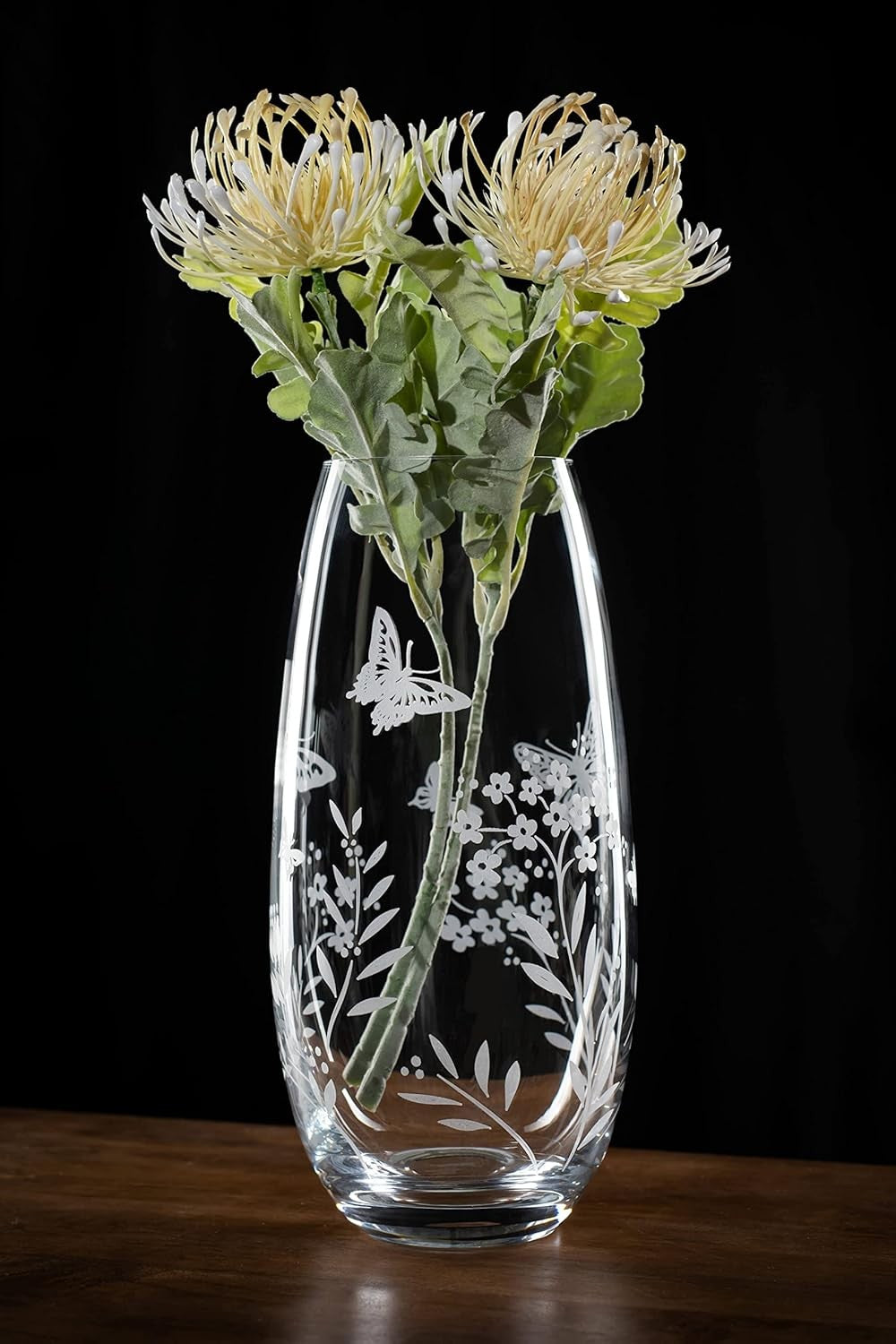 Crystal Glass Flower Vase 25cm Tall Etched Butterfly Floral Home Décor