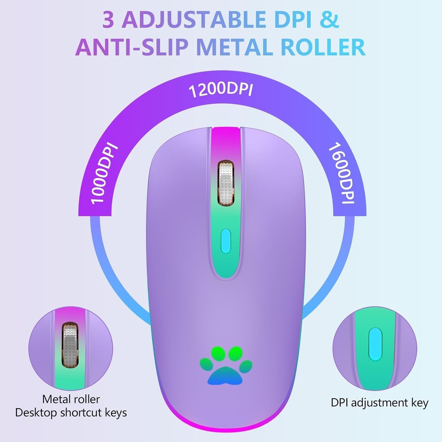 Purple RGB Wireless Mouse Bluetooth 1600 DPI Rechargeable