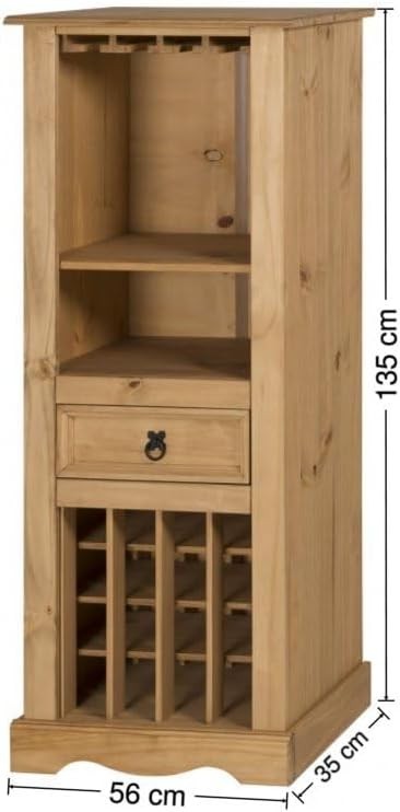 Rustic Pine Wine Rack Cabinet with Drawer & Glass Holder, Floor Standing Storage