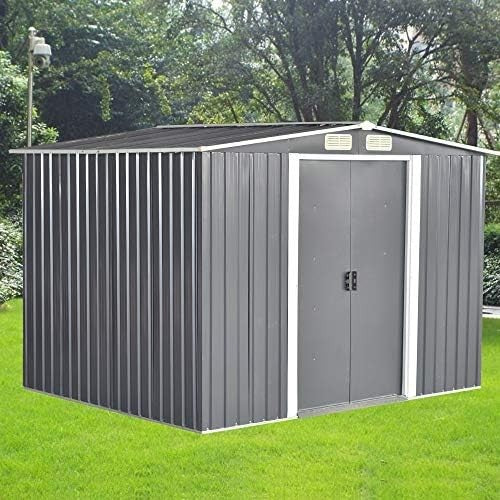 8x6FT Metal Garden Shed Outdoor Storage with Apex Roof & Lockable Double Doors
