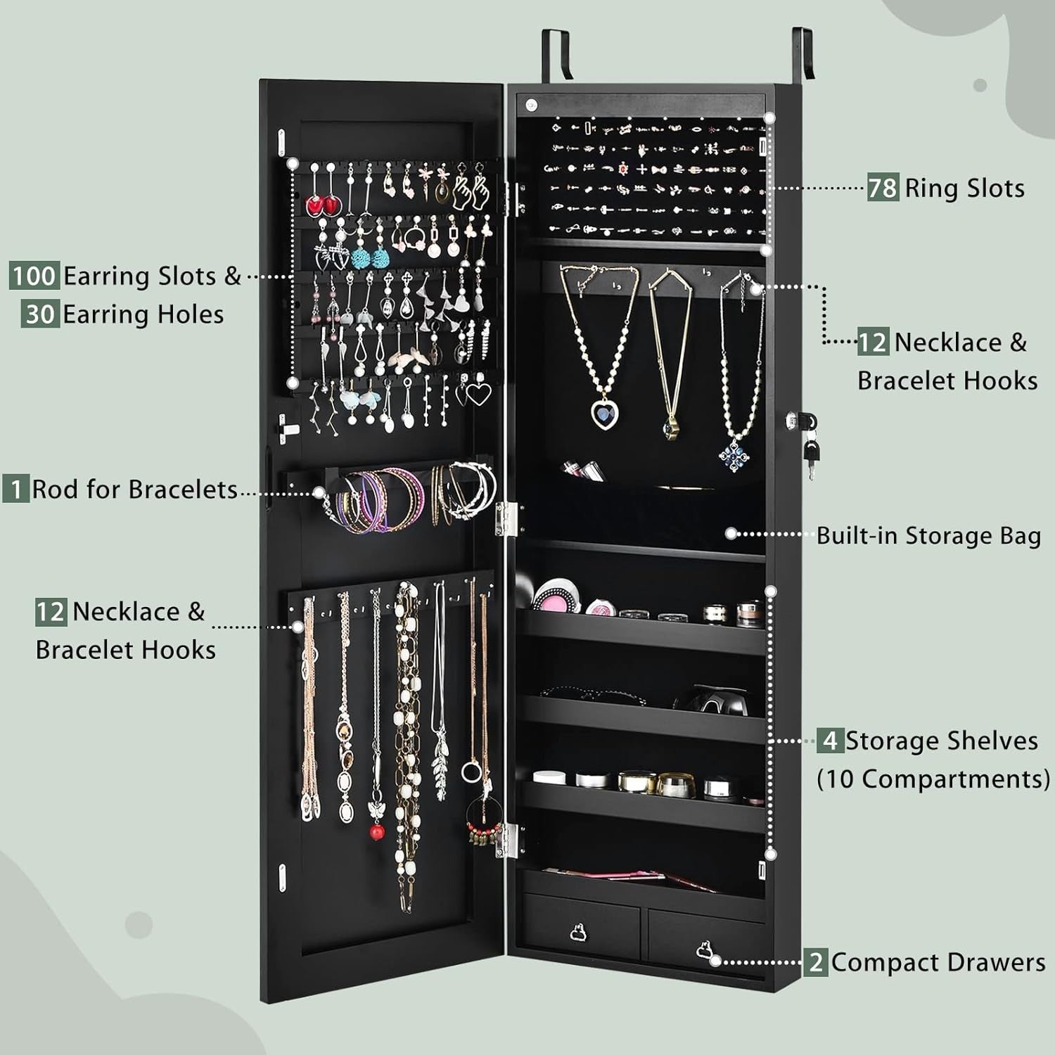 Black LED Jewelry Armoire Wall or Door Mounted Lockable Mirror Storage