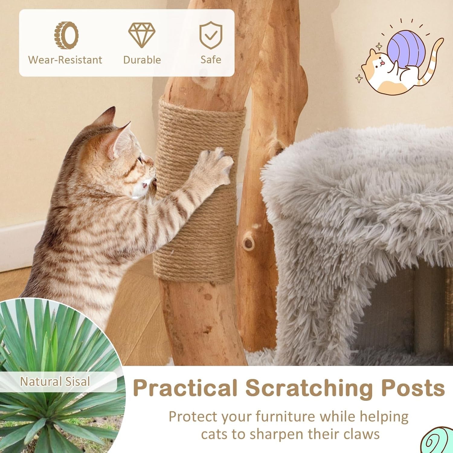 124cm Wooden Cat Tree Multi Level Tower with Jute Scratching & Plush Perch