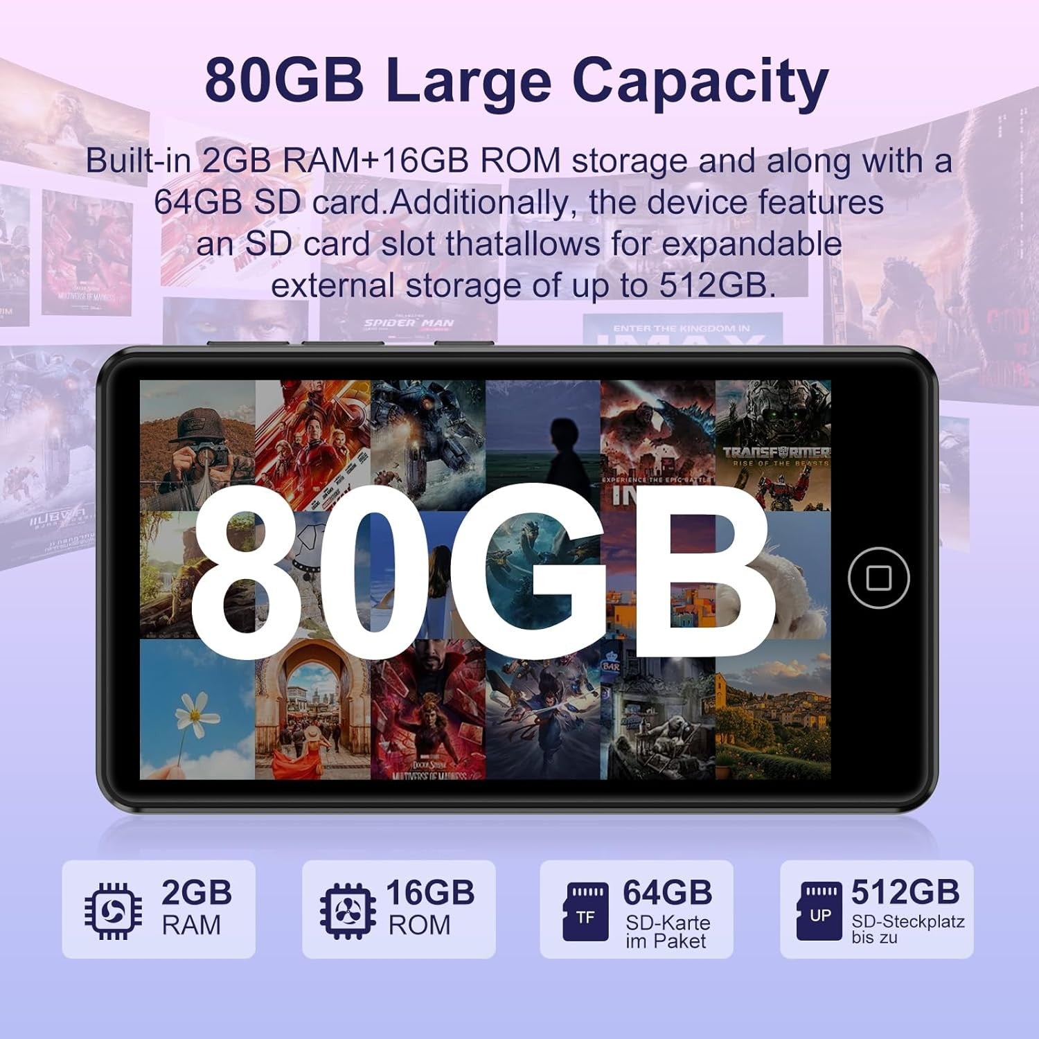 80GB MP3 Player Bluetooth WiFi Touchscreen Spotify Amazon Music