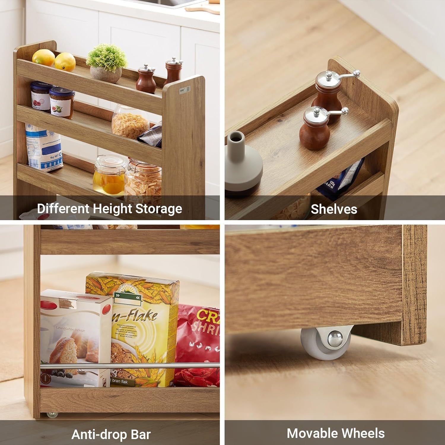 Slim Kitchen Storage Trolley 4 Tier Narrow Rolling Cart with Wheels