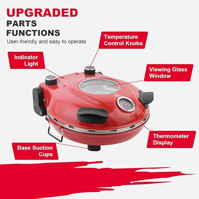 Electric Pizza Oven 31cm Stone 420°C Fast Cook 5 Temp Settings Red