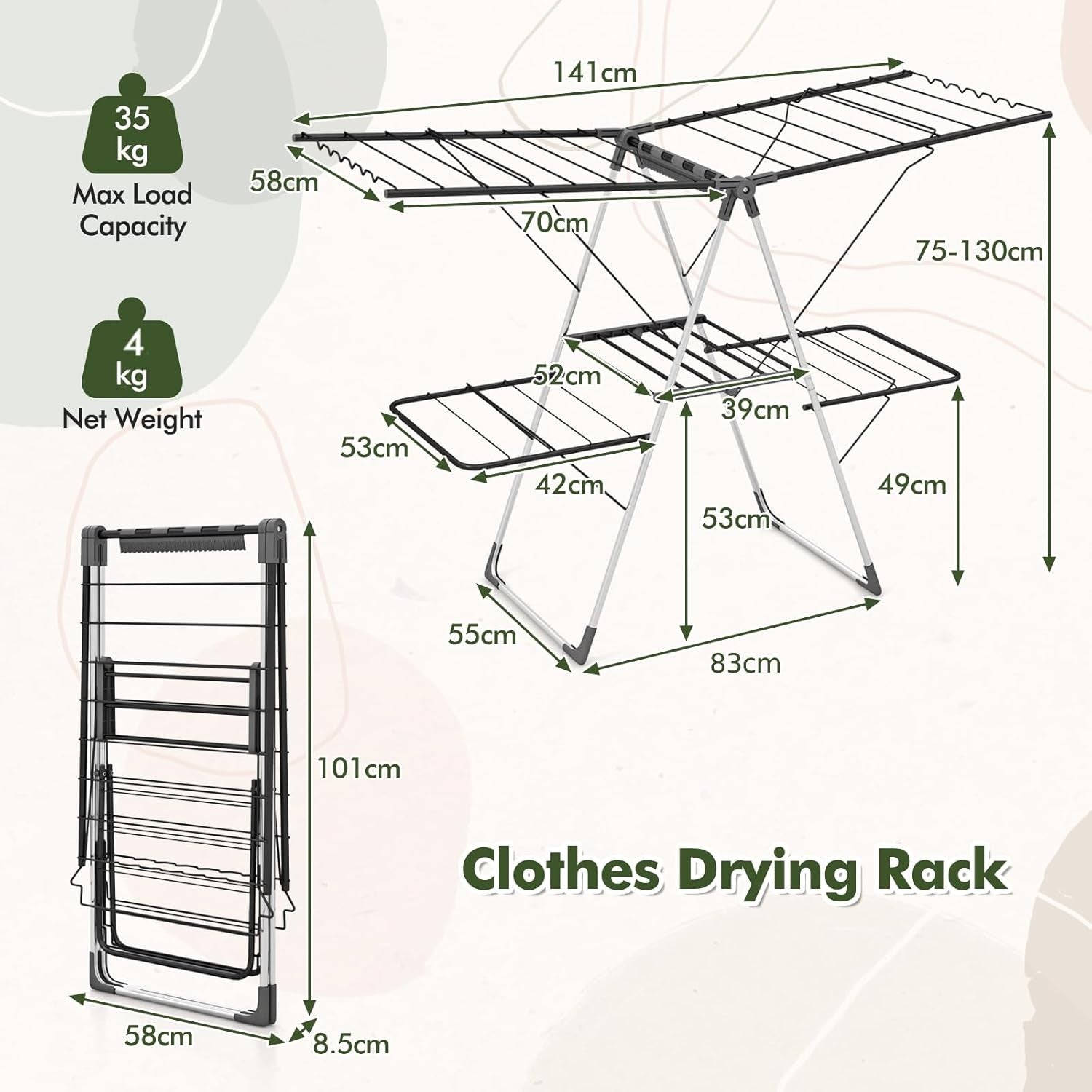 Foldable Clothes Drying Rack 2 Tier Airer 33 Rails Adjustable Freestanding