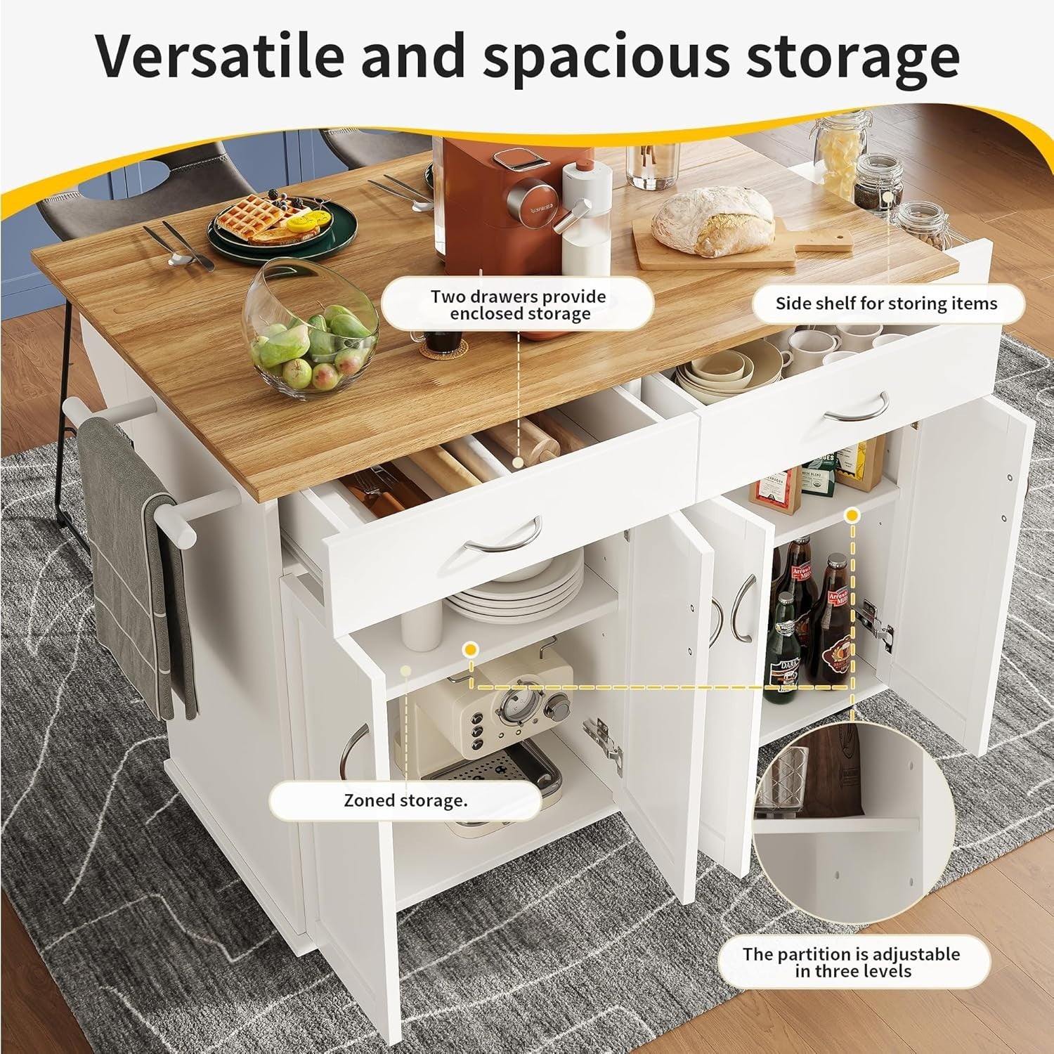 Rolling Kitchen Island Trolley with Foldable Sideboard, Drawers & Spice Rack