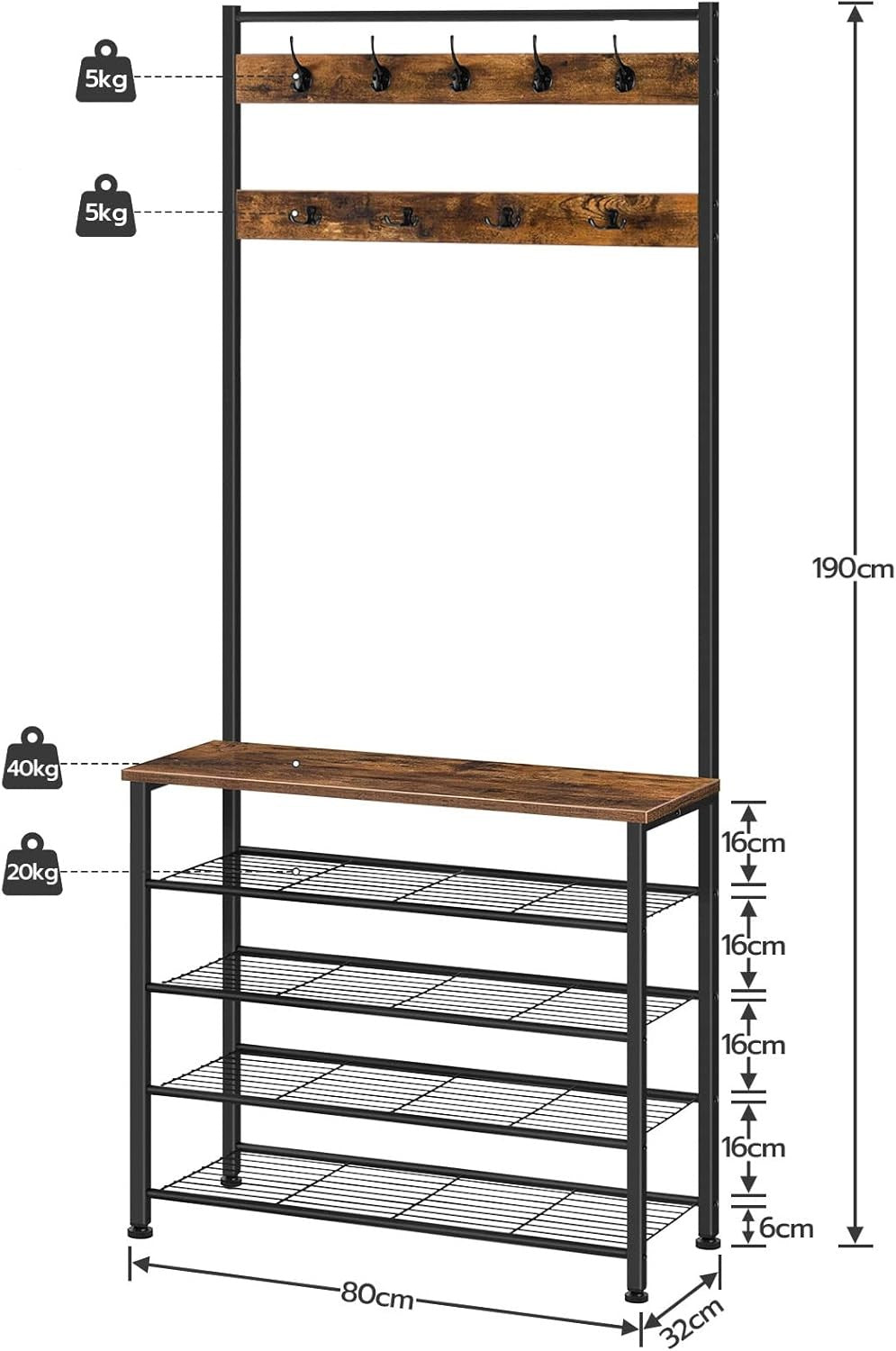 Rustic Brown Coat Rack with Shoe Bench & 9 Hooks | Industrial Hall Tree Organize