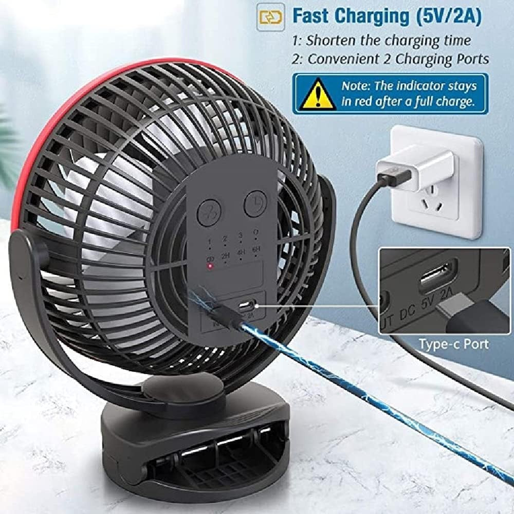 8 inch Portable Desk Fan Clip-On 4-Speed USB Rechargeable 360° Rotation Blue