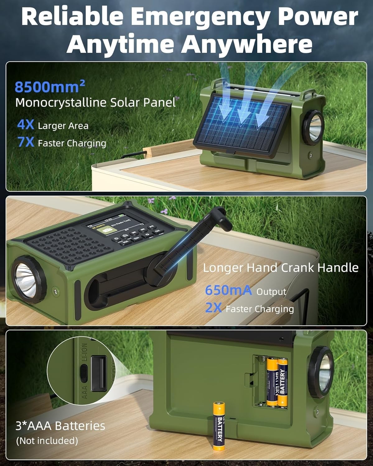 DAB+ Solar Wind Up Emergency Radio 12000mAh Bluetooth SOS Torch