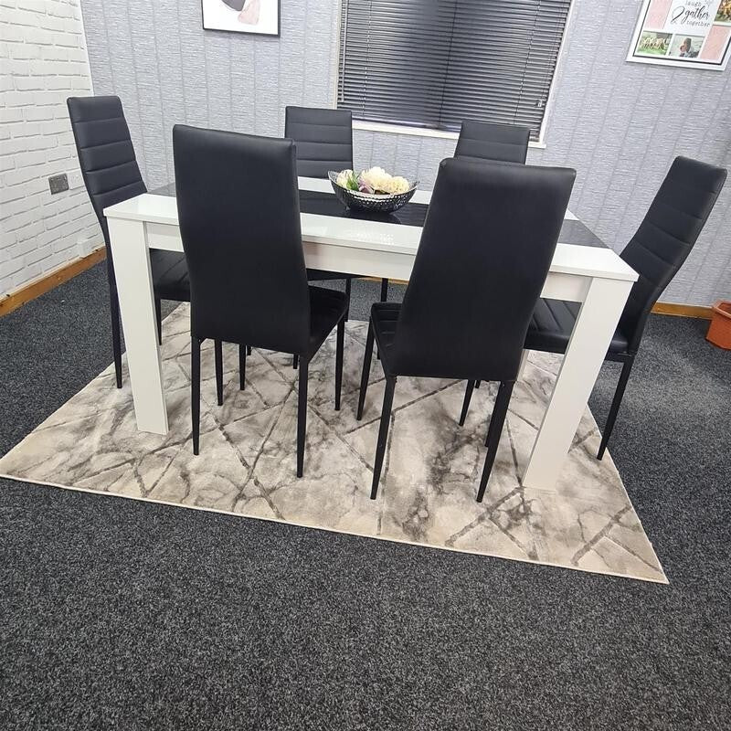 6 Seater Dining Table Set White Black Chairs Modern Kitchen Room MDF 140cm