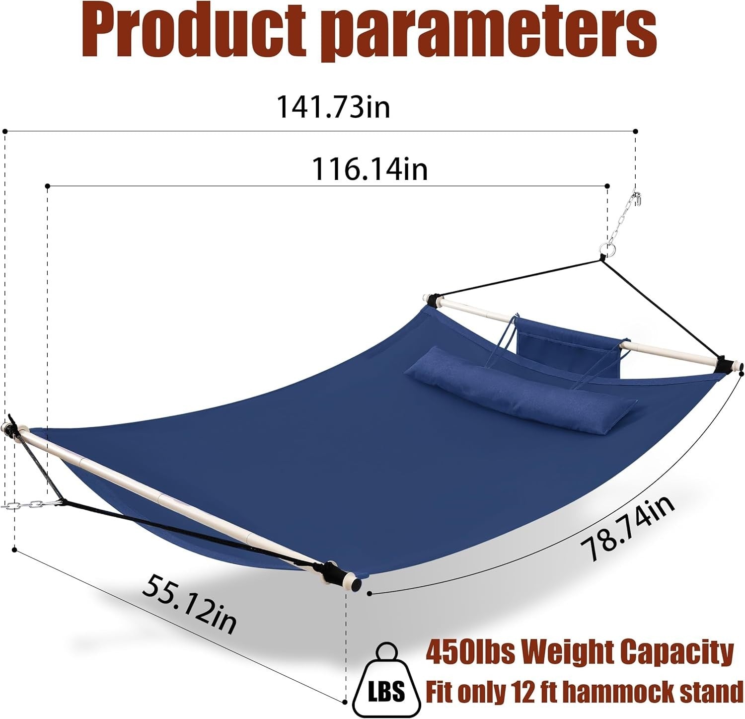 12FT Anti-Flip Double Hammock with Iron Spreader Bars & Nylon Ropes, 450LB