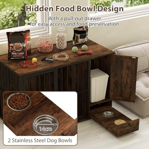 Heavy Duty Dog Crate Furniture with Hidden Bowls & Storage Cabinet