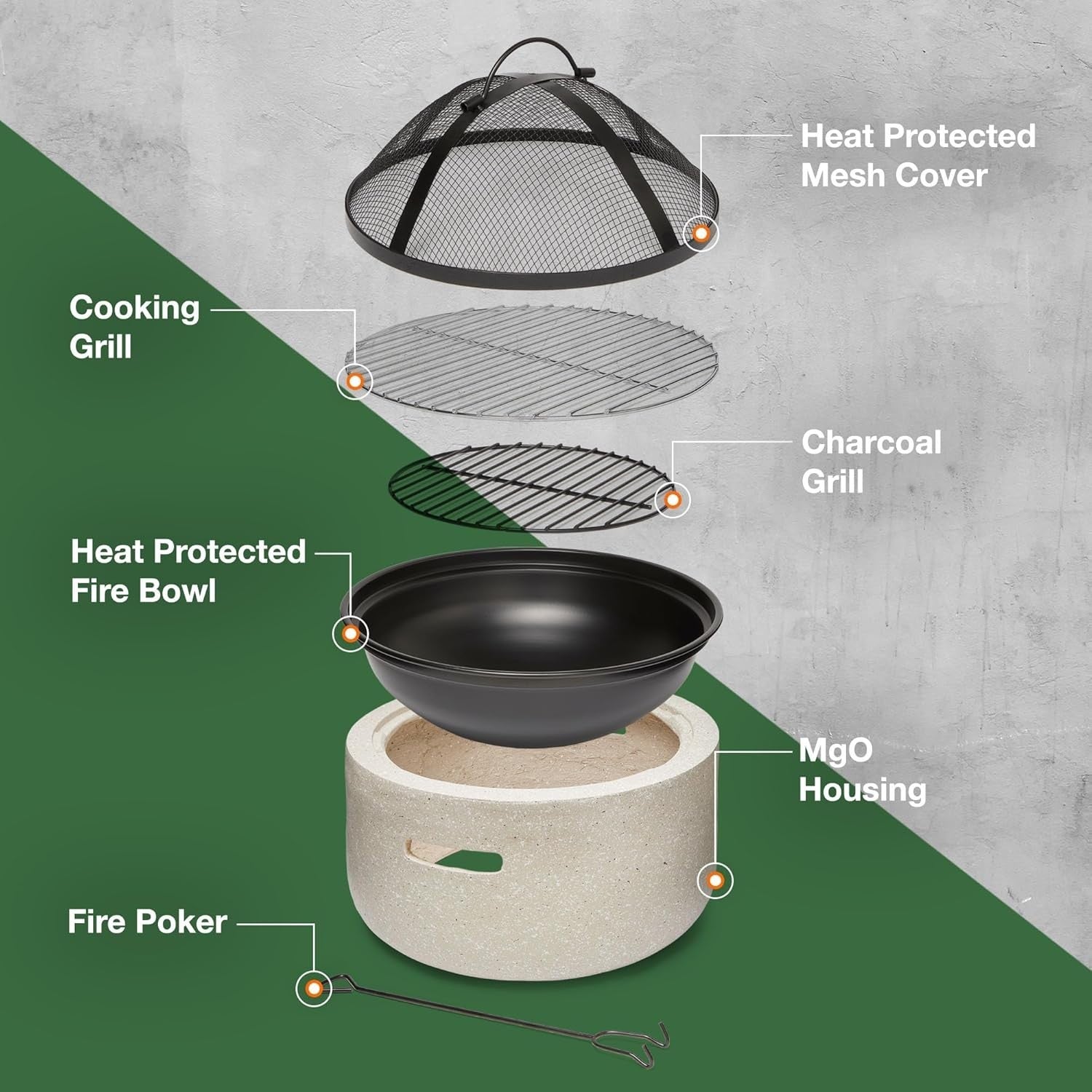 2-in-1 Fire Pit BBQ Grill with Mesh Cover & Poker – Stone Effect Outdoor Heater
