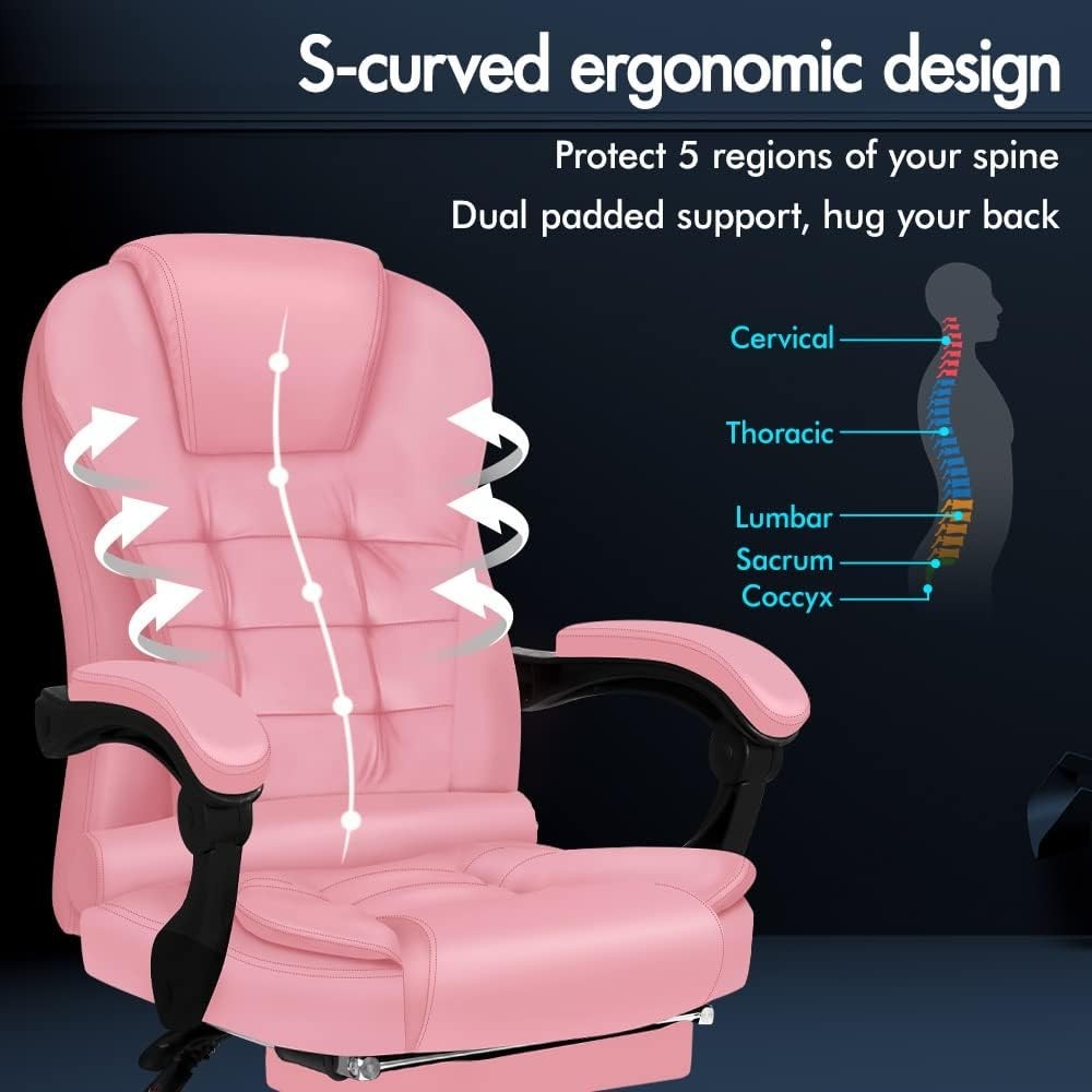 Pink Massage Office Chair Recliner Footrest Ergonomic PU Leather Swivel