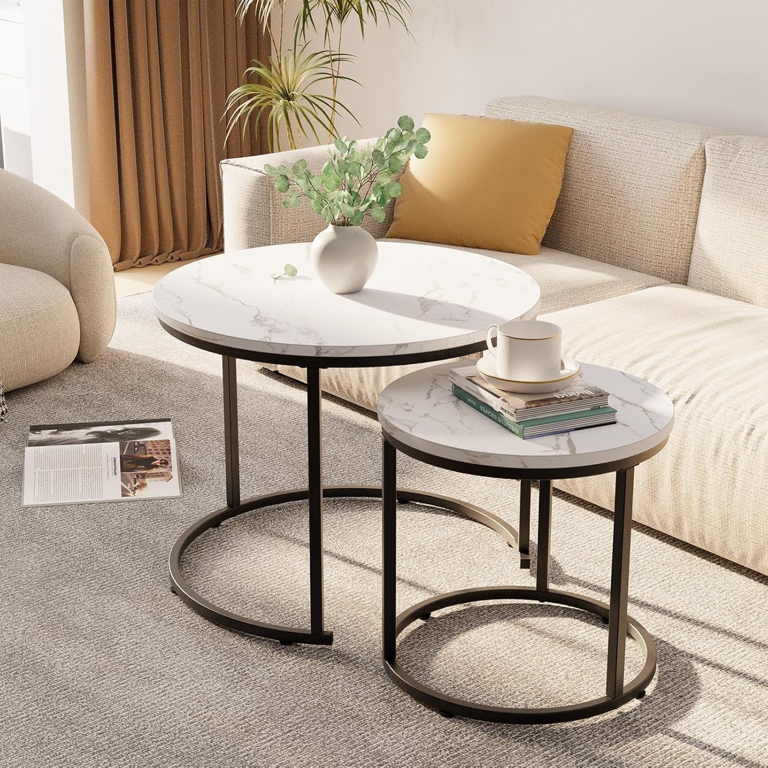 Nesting Coffee Table Set 2 Round Black Marble Metal Frame Living Room Furniture