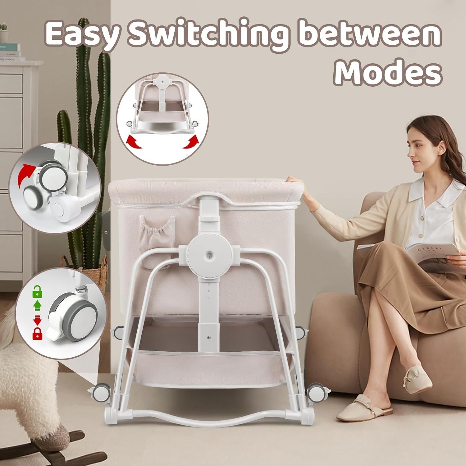 4 in 1 Baby Crib Bedside Cot with Wheels, Mosquito Net & Mattress Cream