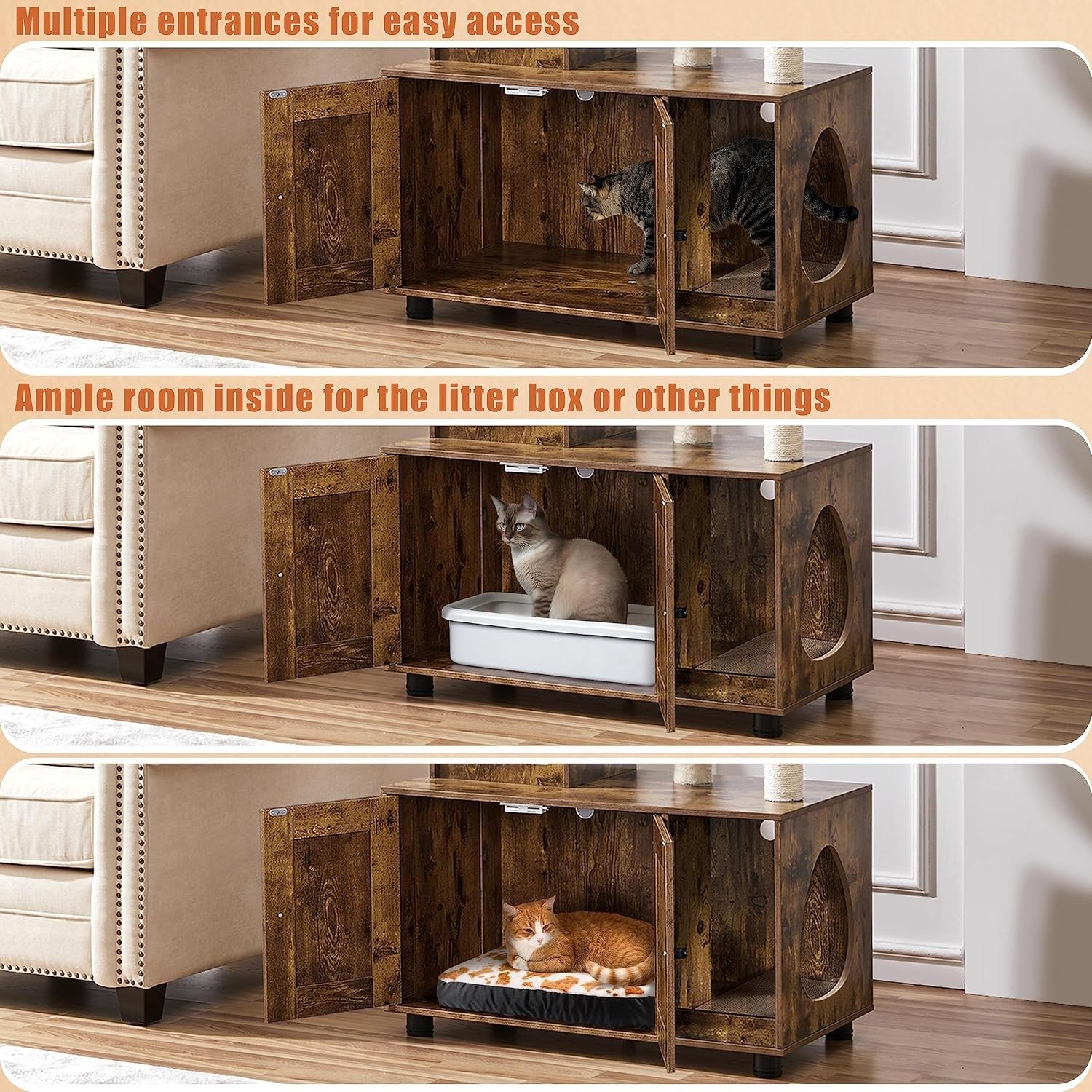 Rustic Cat Tree with Litter Box Enclosure Wooden Condo Tower Beige Brown