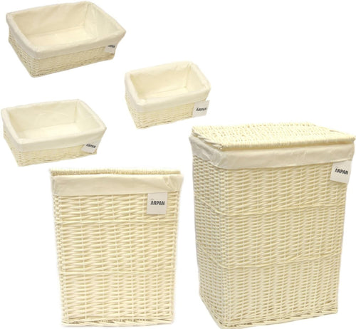 5-Piece White Wicker Laundry Basket Set with Lids & Liners | Large to Small