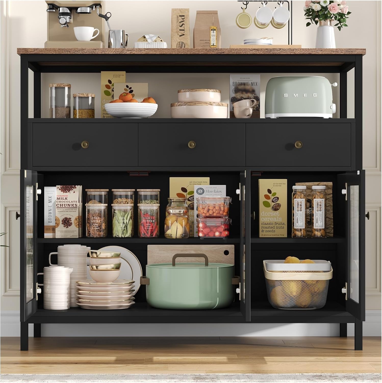 Modern Black Sideboard Cabinet with Glass Doors, Drawers, Adjustable Shelves