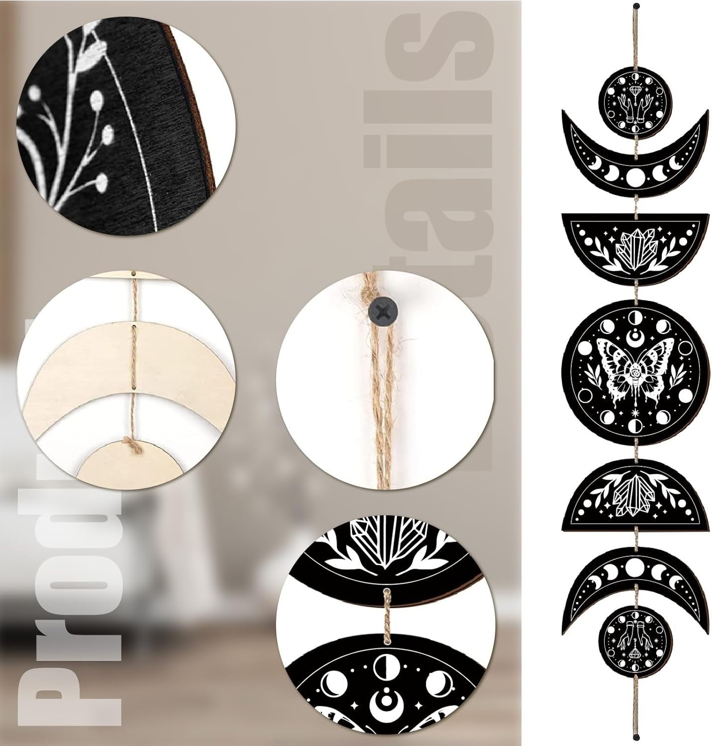 Moon Phase Wall Decor Wooden Boho 7-Piece Butterfly Art