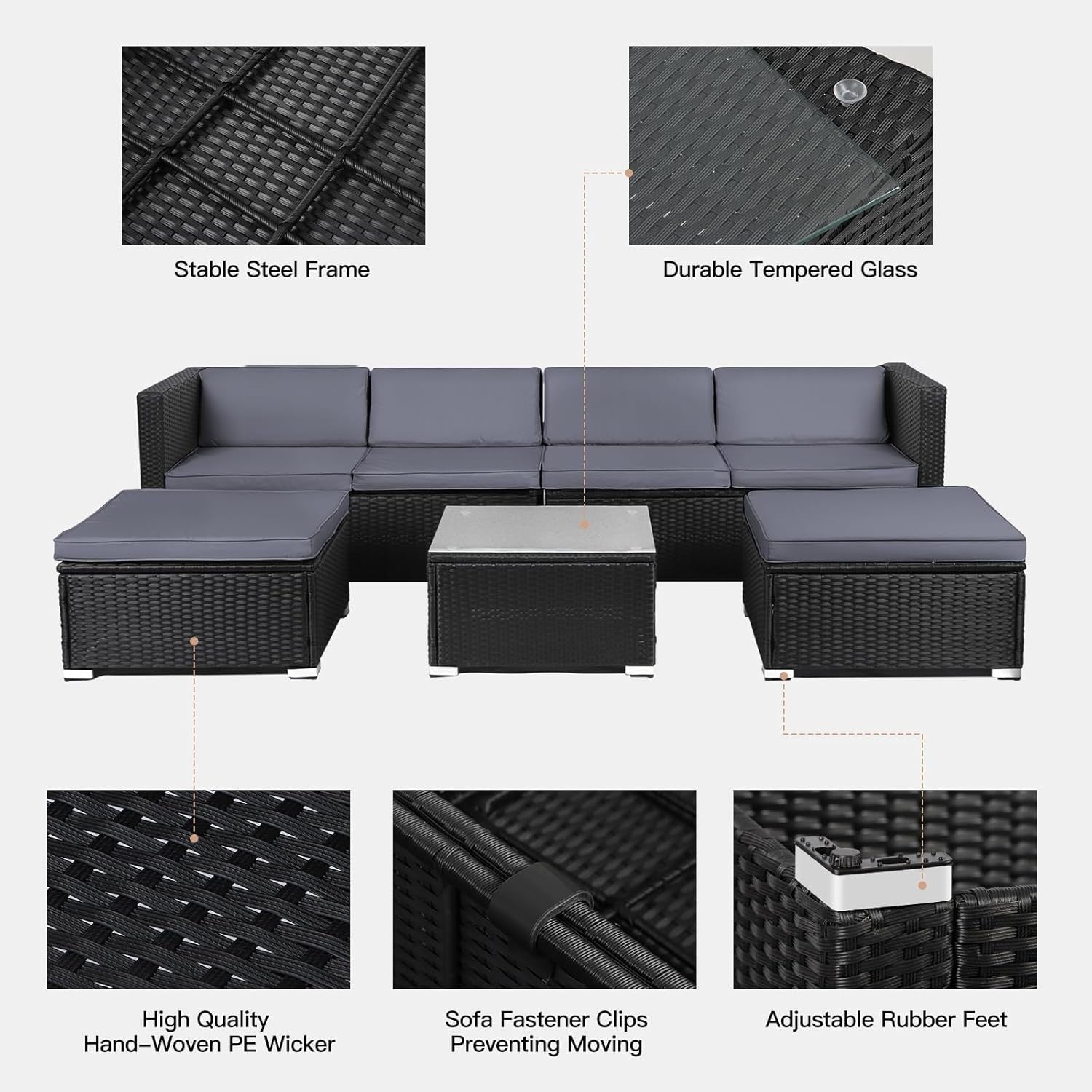 6 Seater Rattan Garden Sofa Set with Table & Stools – Weatherproof Patio